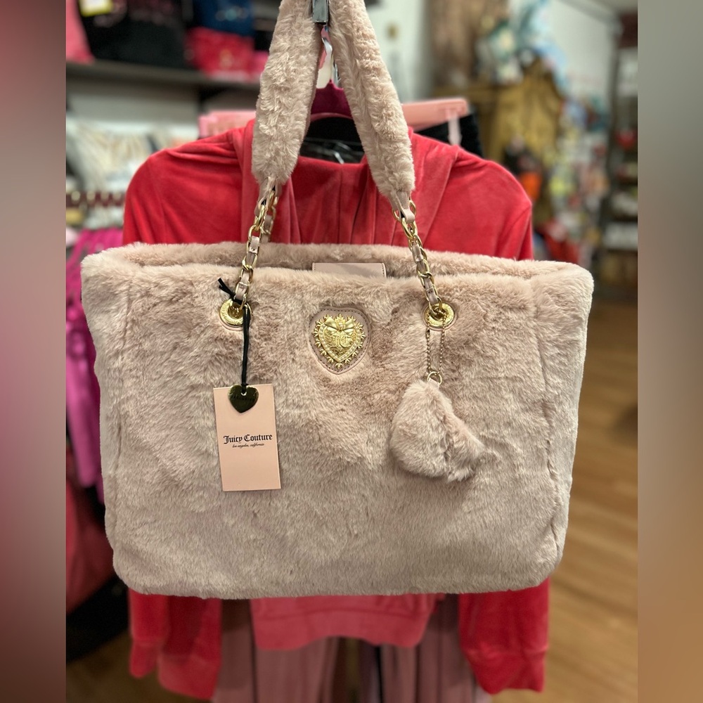 Juicy Couture Blush Faux Fur Tote with Gold Chain